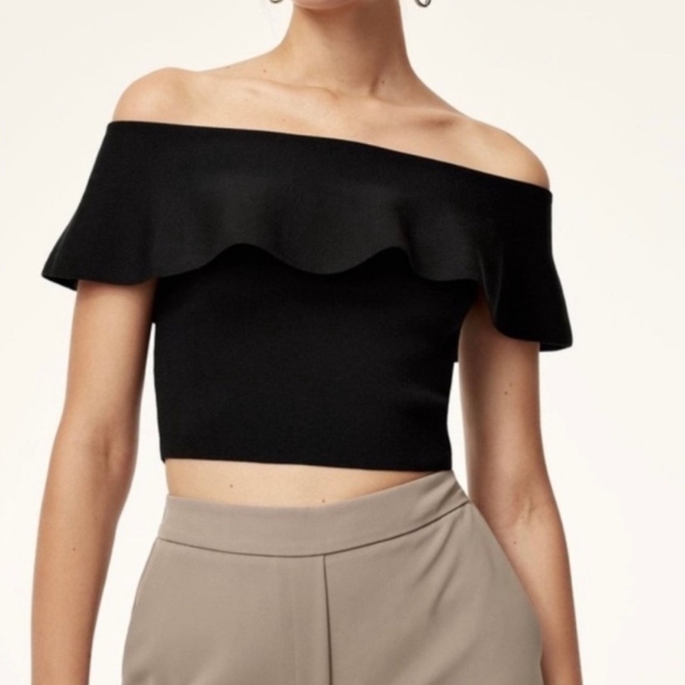 Zara Knit Black Ruffle Off Shoulder Crop Top Size S